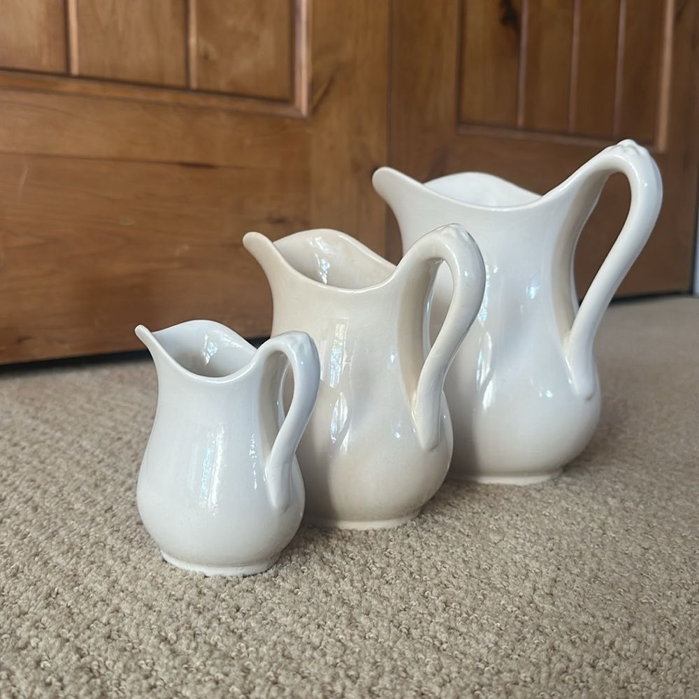 3 Pitchers.Royal Crownford Ironstone.Weatherby Hanley England Royal.Falcon Ware